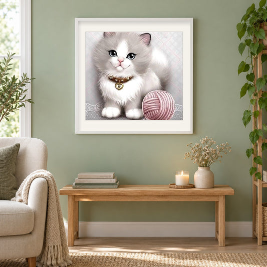 Süße Katze mit Wollknäuel als gerahmtes Diamond Painting im Wohnzimmer