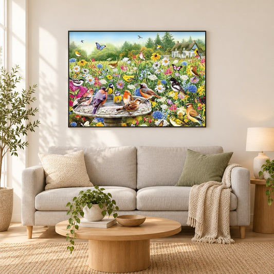 Süße Vögel im Blumengarten als gerahmtes Diamond Painting im Wohnzimmer