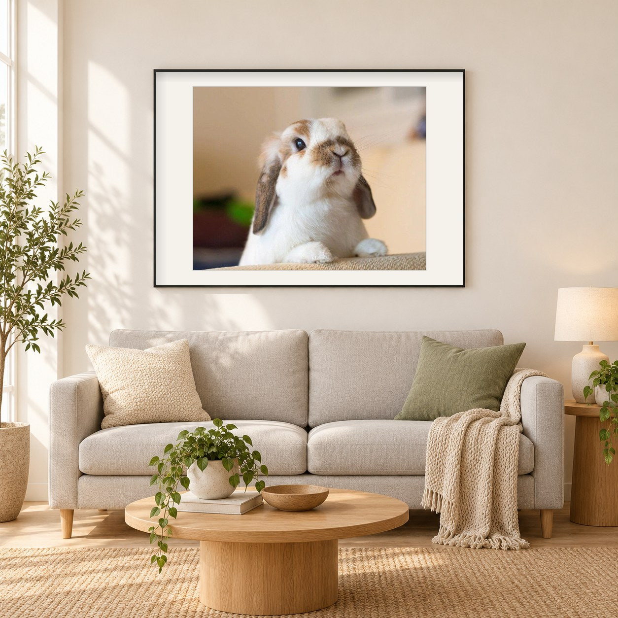 Süßer Hase als gerahmtes Diamond Painting im Wohnzimmer