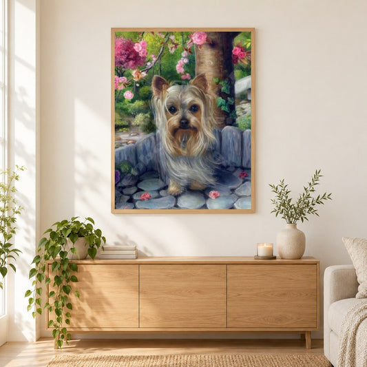 Süßer Yorkshire Terrier als gerahmtes Diamond Painting im Wohnzimmer