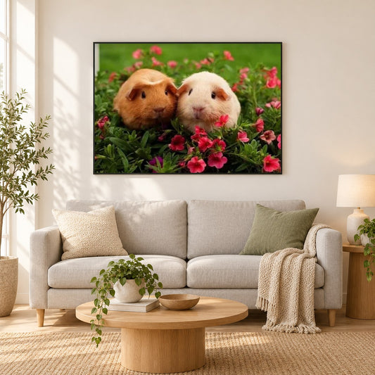 Süßes Meerschweinchenpaar als gerahmtes Diamond Painting im Wohnzimmer
