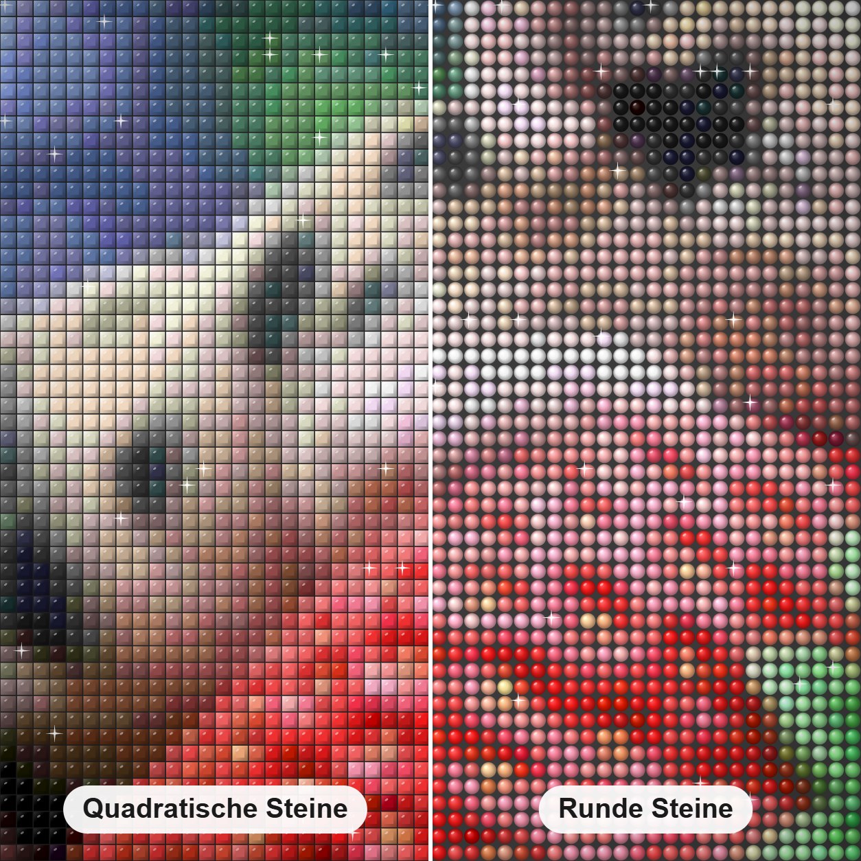 Süßes Schwein auf Erdbeere Diamond Painting Nahaufnahme mit quadratischen und runden Steinen