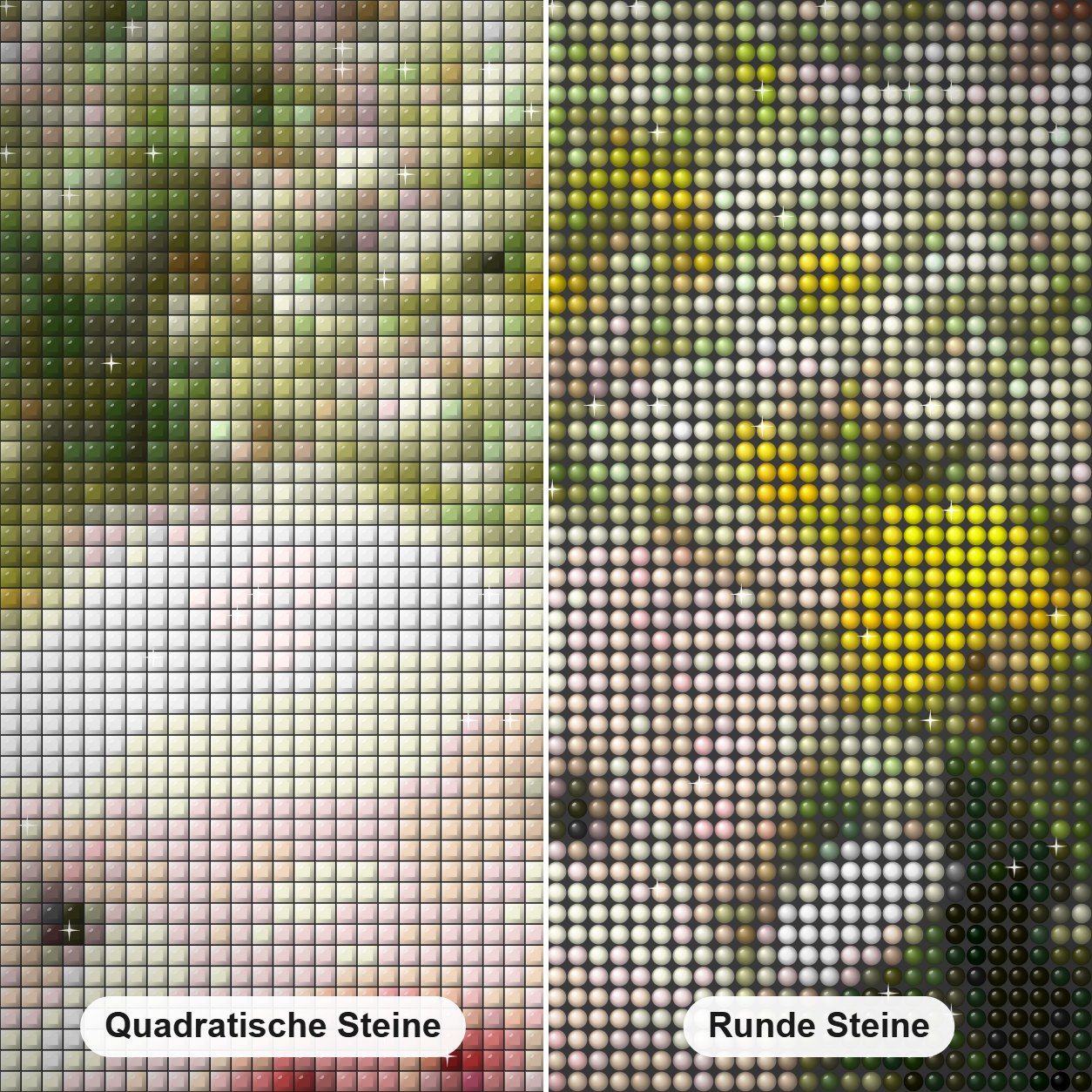Süßes Schwein & Blumen Diamond Painting Nahaufnahme mit quadratischen und runden Steinen