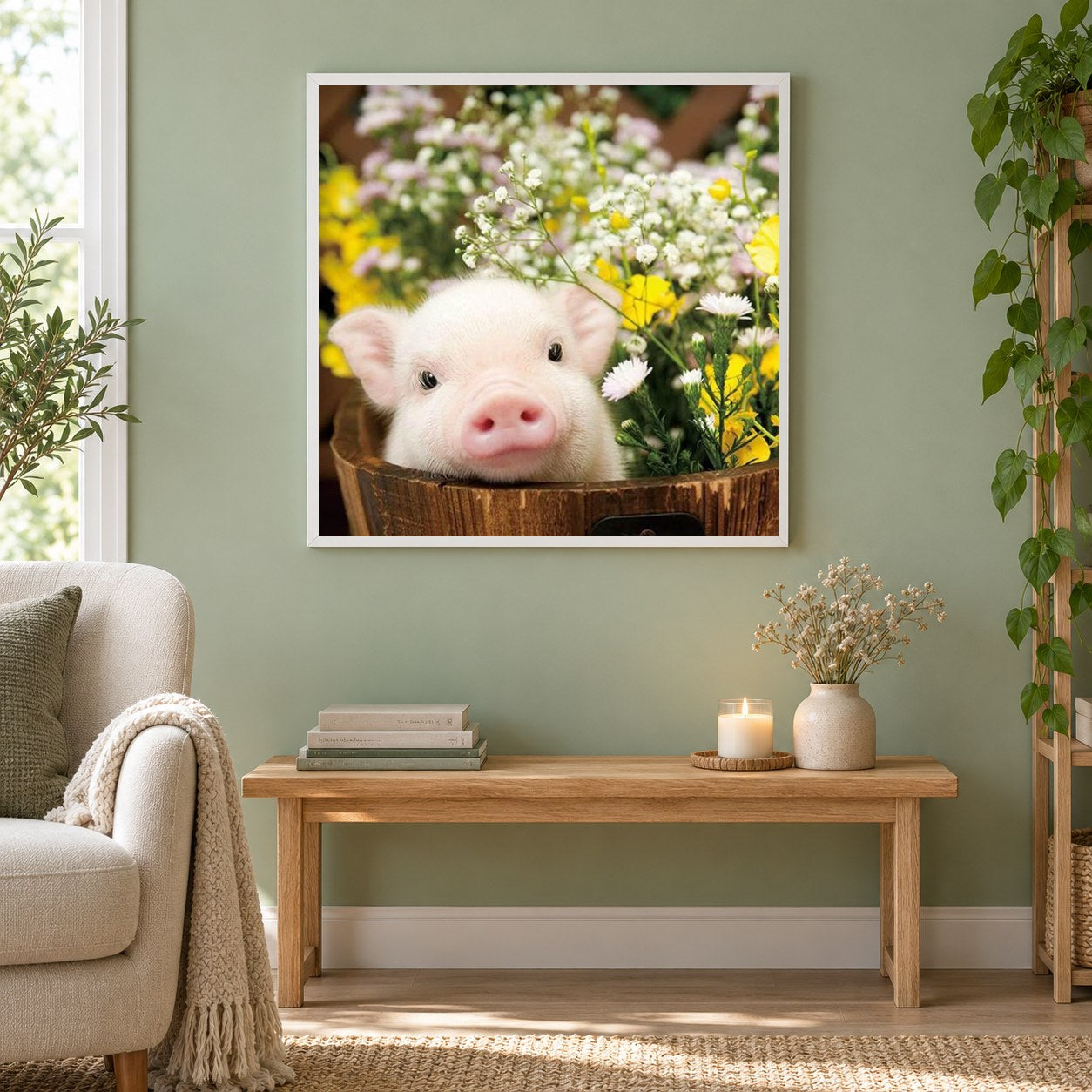 Süßes Schwein & Blumen als gerahmtes Diamond Painting im Wohnzimmer