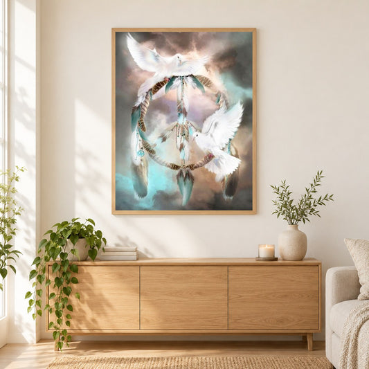 Tauben träumen Fänger als gerahmtes Diamond Painting im Wohnzimmer