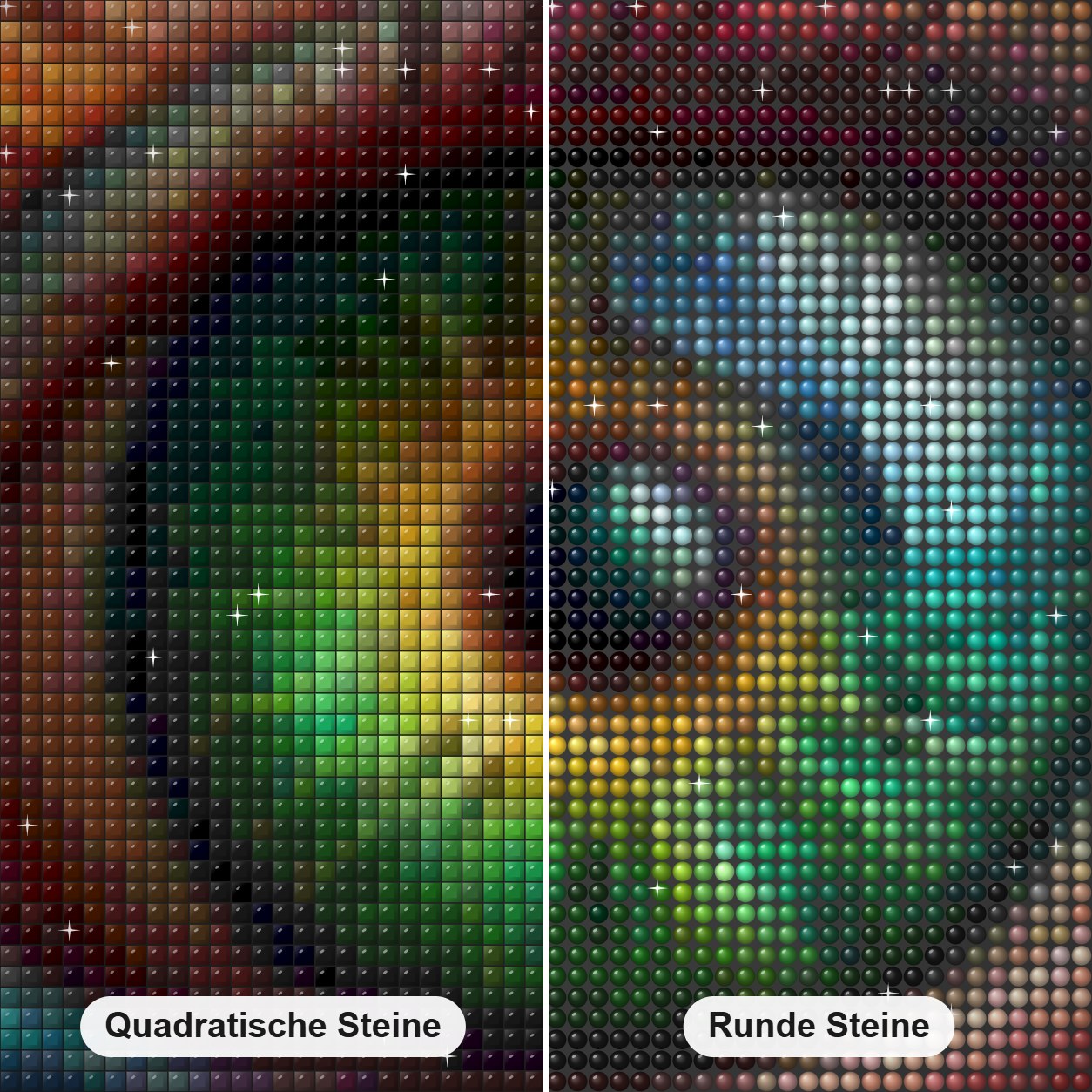 Die Brillanz des bunten Auges Diamond Painting Nahaufnahme mit quadratischen und runden Steinen