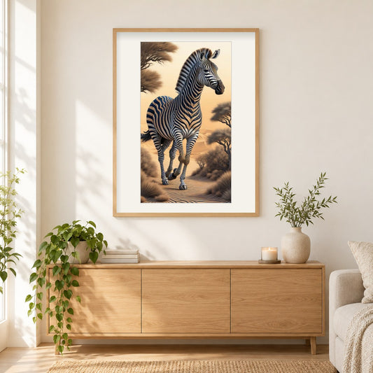 Die schillernde Schönheit des Zebras als gerahmtes Diamond Painting im Wohnzimmer