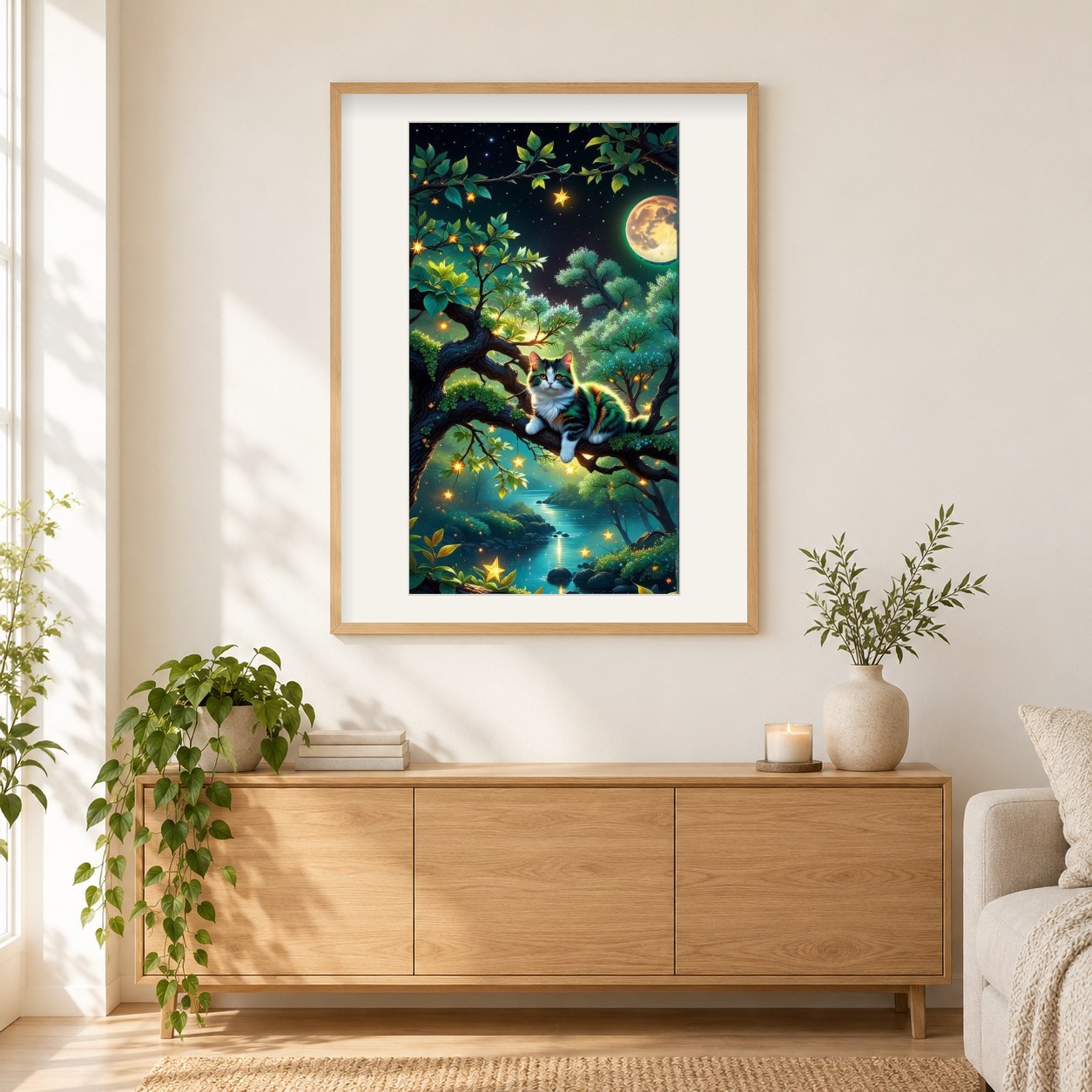 Die rätselhafte grüne Katze des Waldes als gerahmtes Diamond Painting im Wohnzimmer