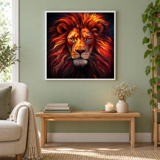 Der leuchtende Löwe als Wächter als gerahmtes Diamond Painting im Wohnzimmer