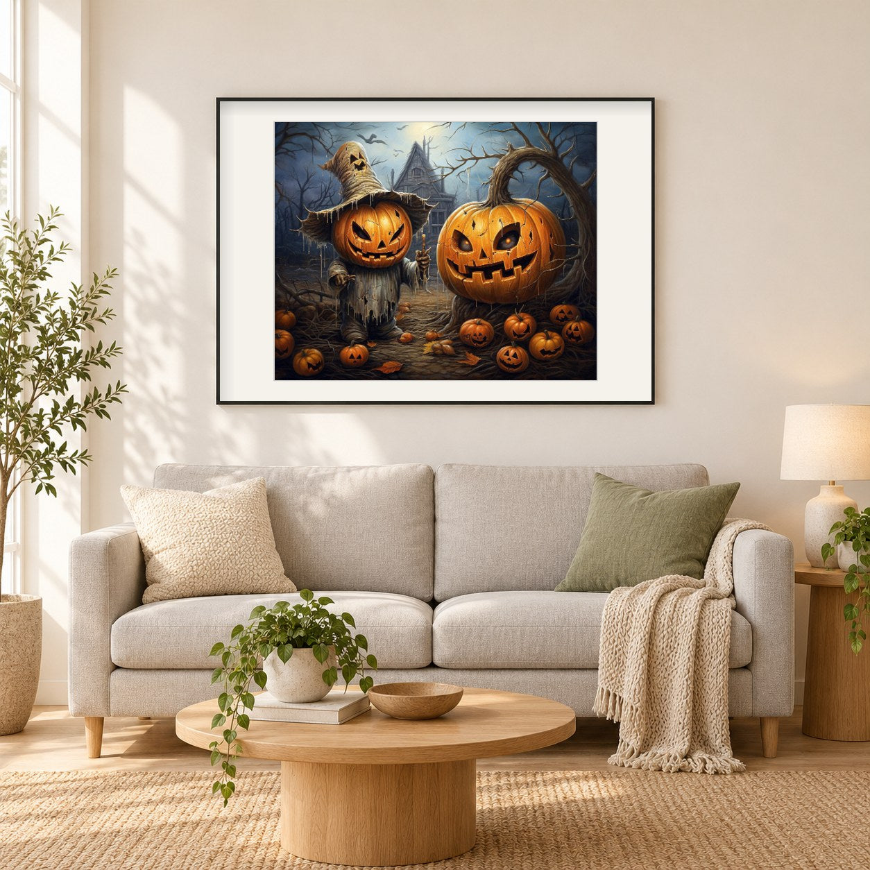 Das mysteriöse Leuchten eines Halloween-Kürbisses als gerahmtes Diamond Painting im Wohnzimmer