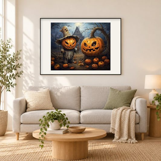 Das mysteriöse Leuchten eines Halloween-Kürbisses als gerahmtes Diamond Painting im Wohnzimmer