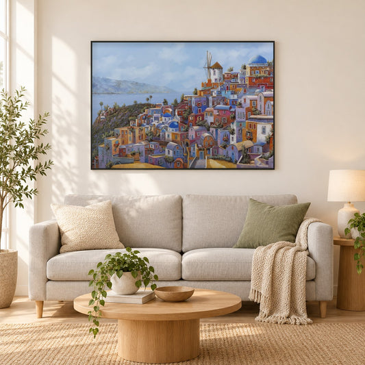 Die warmen Farben Griechenlands - Kunst des Guido Borelli als gerahmtes Diamond Painting im Wohnzimmer