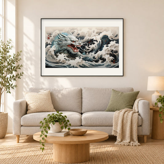 Der Wasserdrache als gerahmtes Diamond Painting im Wohnzimmer