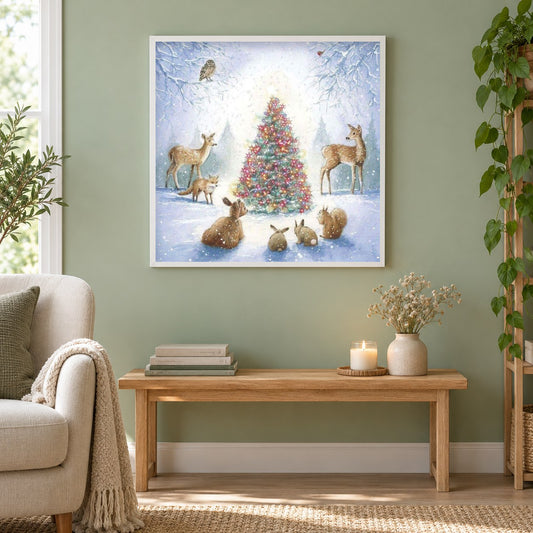 Tiere & Weihnachtsbaum als gerahmtes Diamond Painting im Wohnzimmer
