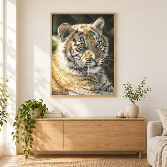 Tigerjunges - Kunst des Eric Wilson als gerahmtes Diamond Painting im Wohnzimmer