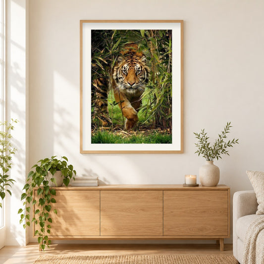 Tiger läuft aus dem Wald als gerahmtes Diamond Painting im Wohnzimmer