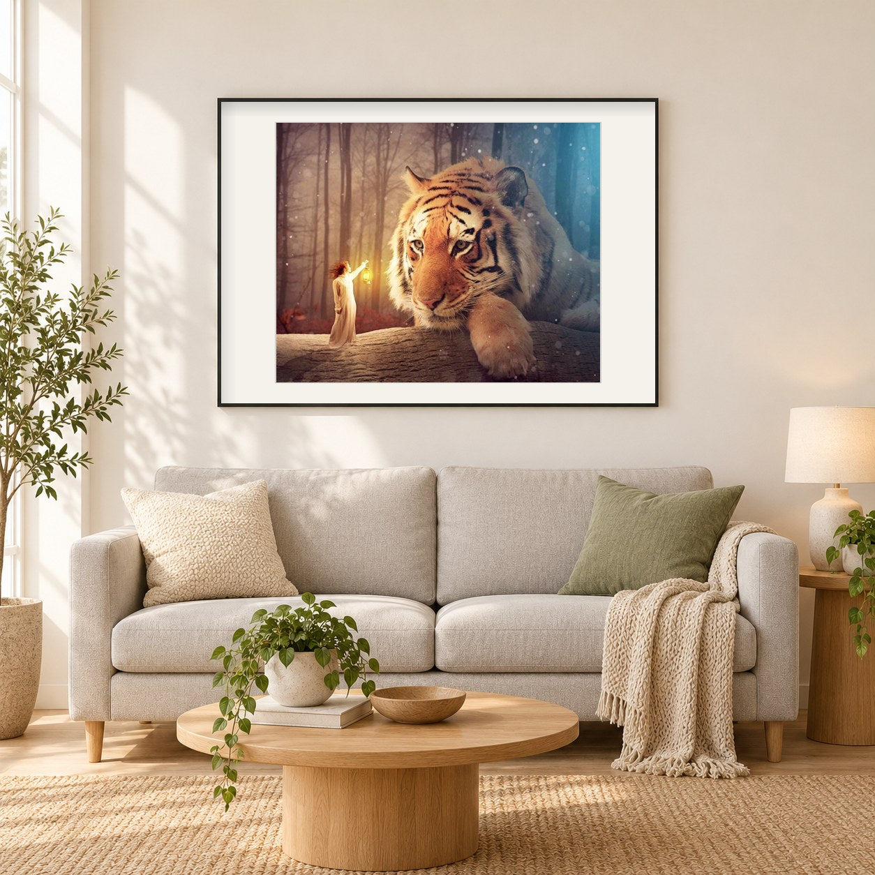Tiger & Mädchen DIY Mal-Kit als gerahmtes Diamond Painting im Wohnzimmer