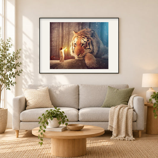 Tiger & Mädchen DIY Mal-Kit als gerahmtes Diamond Painting im Wohnzimmer
