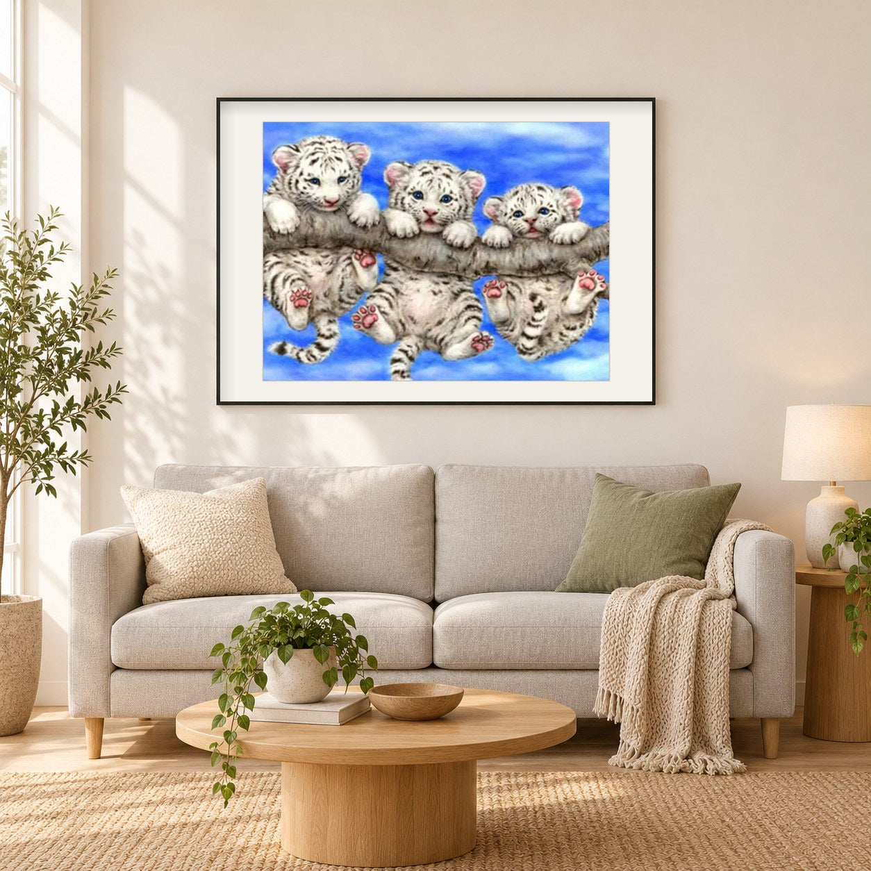 Tigerbabys hängen am Baum als gerahmtes Diamond Painting im Wohnzimmer