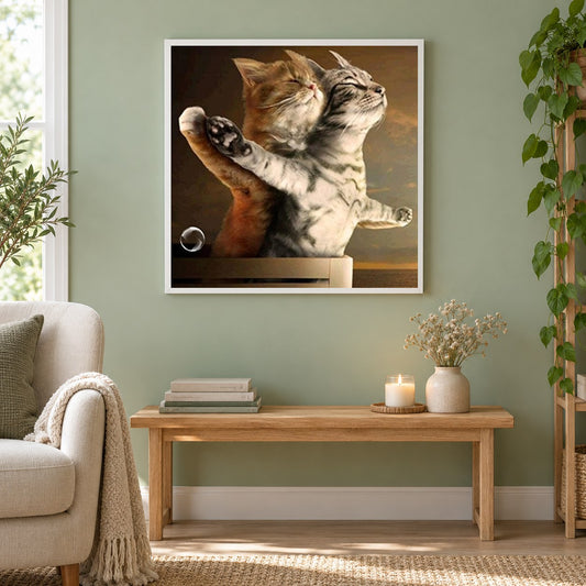 Titanic Katzen als gerahmtes Diamond Painting im Wohnzimmer