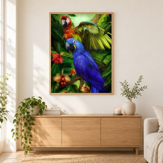 Tropische Vögel als gerahmtes Diamond Painting im Wohnzimmer