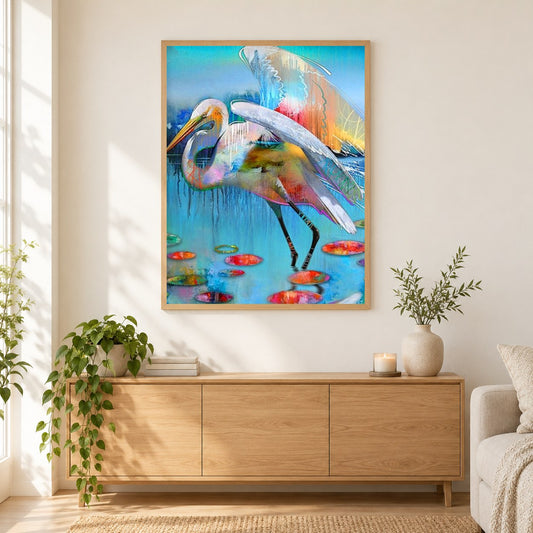 Tropische Vogelkunst als gerahmtes Diamond Painting im Wohnzimmer