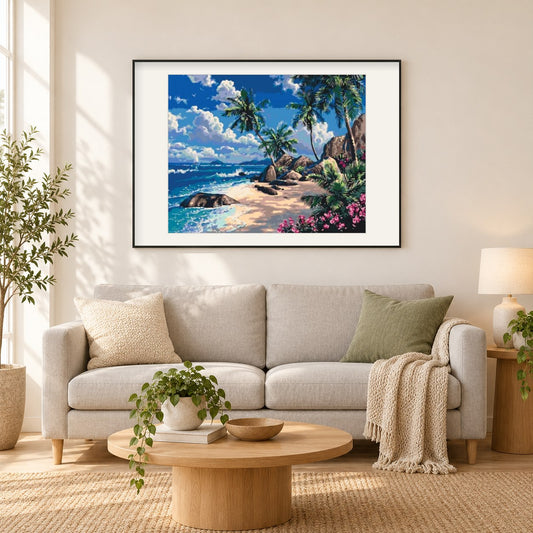 Tropisches Paradies als gerahmtes Diamond Painting im Wohnzimmer