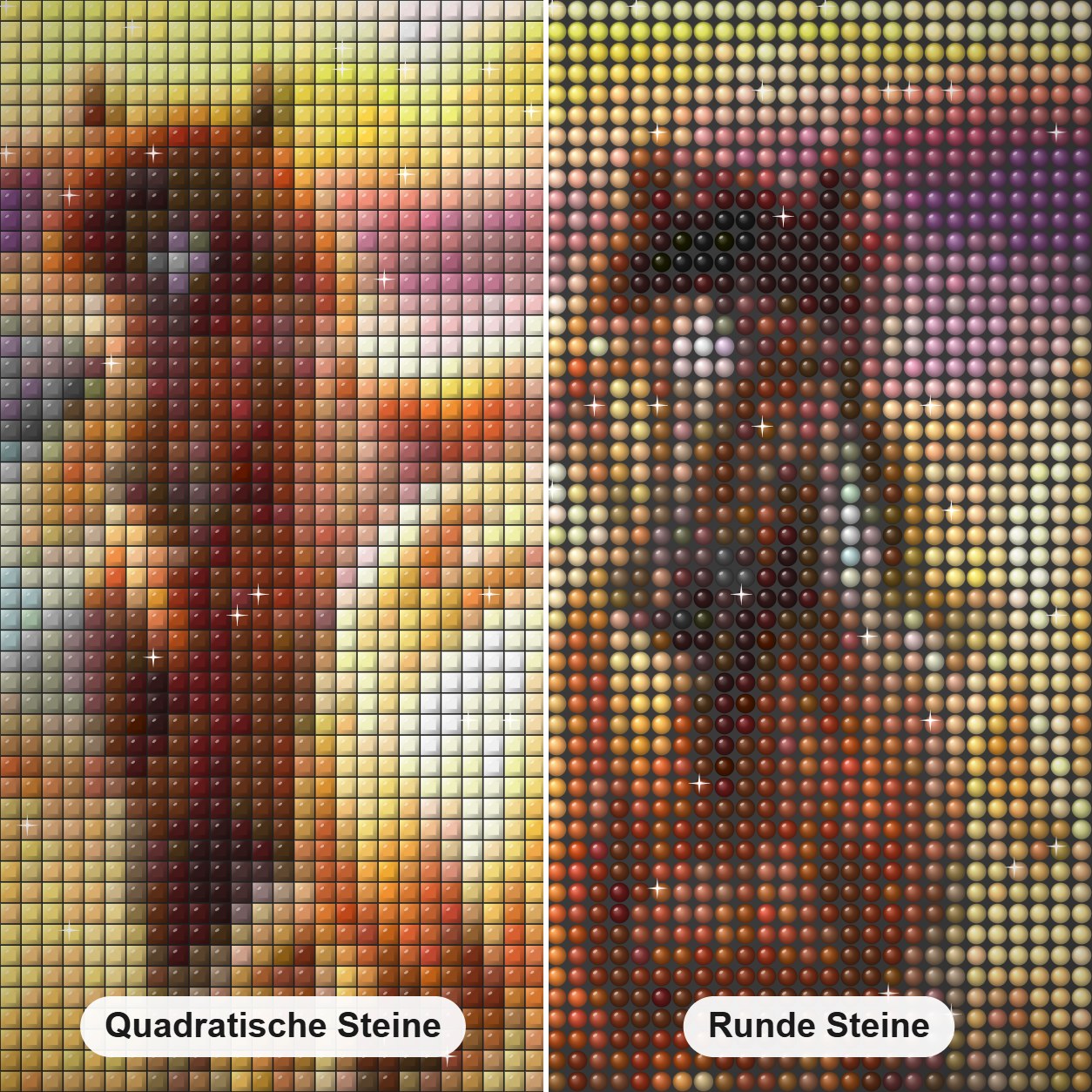 Untergehende Sonne & schöne Pferde Diamond Painting Nahaufnahme mit quadratischen und runden Steinen