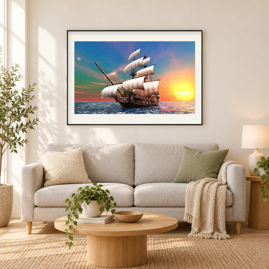 Untergehende Sonne & Segelschiff als gerahmtes Diamond Painting im Wohnzimmer