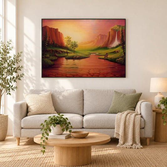 Tal der Ruhe - Kunst des Liam Kelly als gerahmtes Diamond Painting im Wohnzimmer