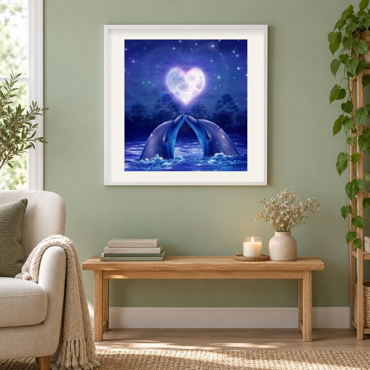 Verliebte Delfine als gerahmtes Diamond Painting im Wohnzimmer