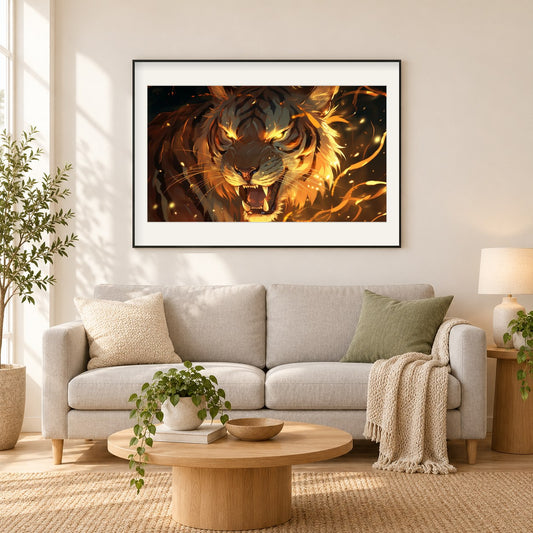 Lebendige Energie des Löwen als gerahmtes Diamond Painting im Wohnzimmer