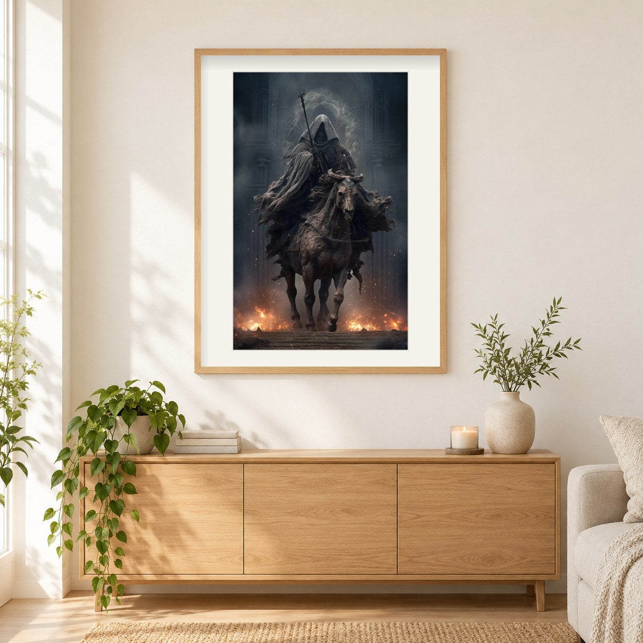 Wikingerkrieger reitet im Feuer als gerahmtes Diamond Painting im Wohnzimmer