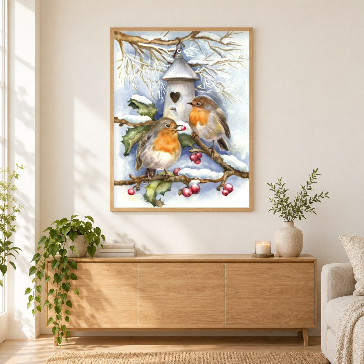 Vintage Weihnachtsvöge Painting Kit als gerahmtes Diamond Painting im Wohnzimmer
