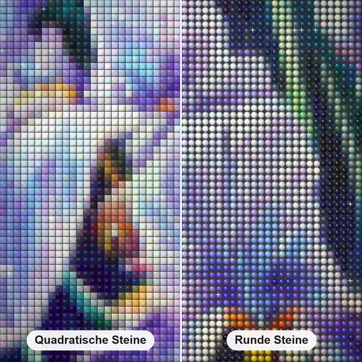 Violette Iris - Kunst des Sandra Trubin Diamond Painting Nahaufnahme mit quadratischen und runden Steinen