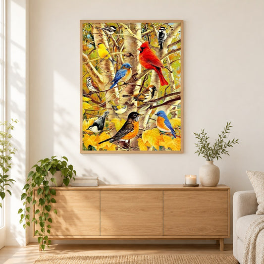 Vögel auf Herbstbaum als gerahmtes Diamond Painting im Wohnzimmer