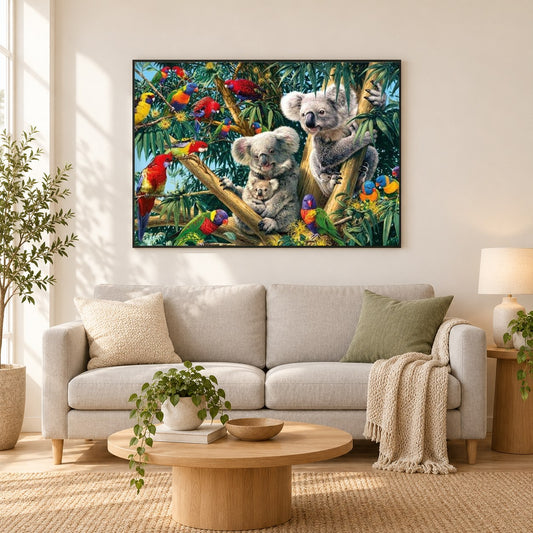 Vögel & Koalas auf Bäumen als gerahmtes Diamond Painting im Wohnzimmer