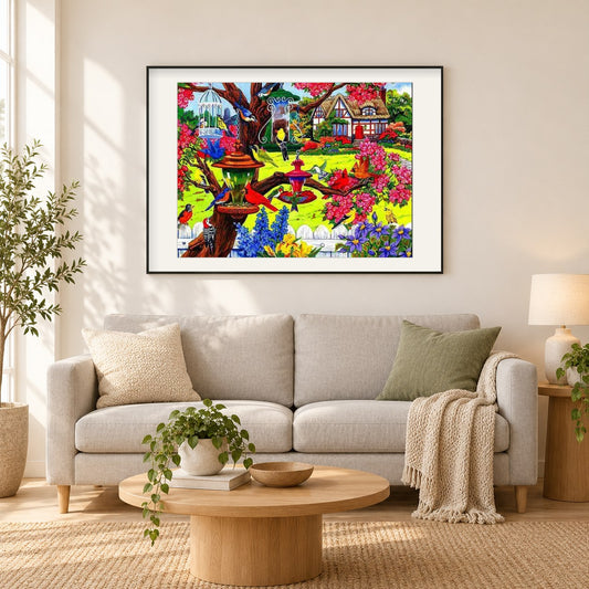 Vogelfreundlicher Garten als gerahmtes Diamond Painting im Wohnzimmer