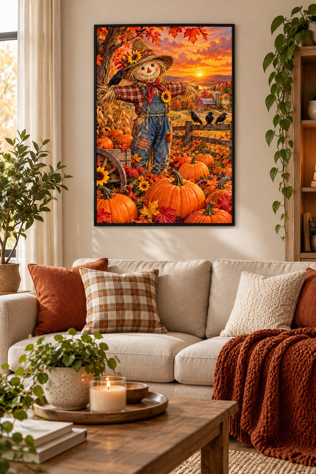 Vogelscheuche im Kürbisfeld Diamond Painting als gerahmtes Diamond Painting im Wohnzimmer