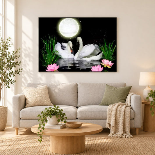 Vollmond & Schwan Paar als gerahmtes Diamond Painting im Wohnzimmer