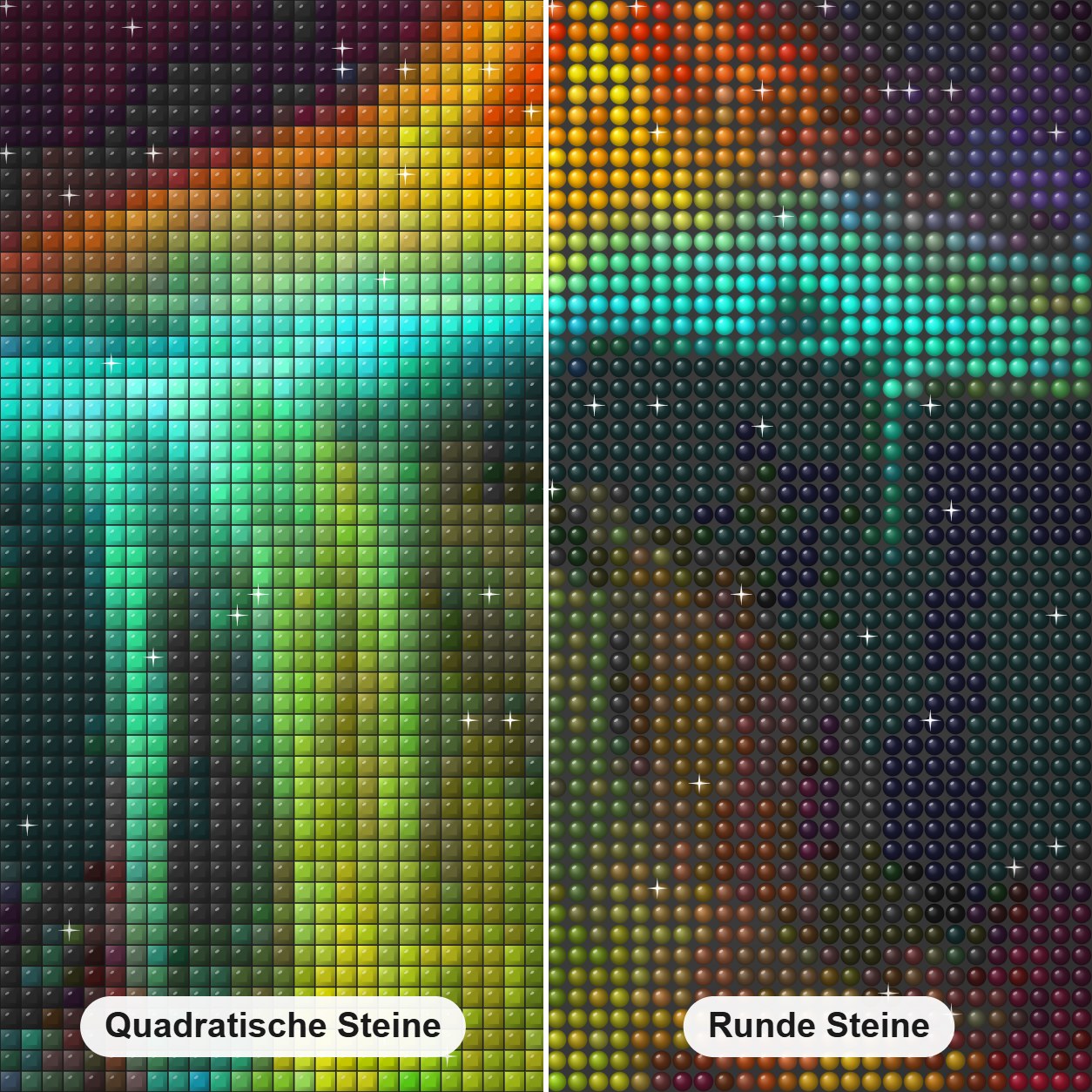 Vulkankunst Diamond Painting Nahaufnahme mit quadratischen und runden Steinen