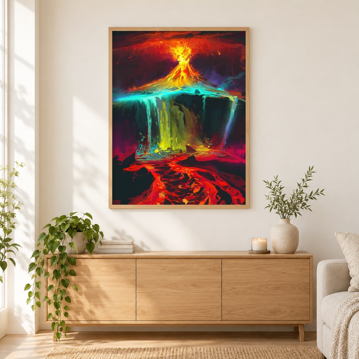 Vulkankunst als gerahmtes Diamond Painting im Wohnzimmer