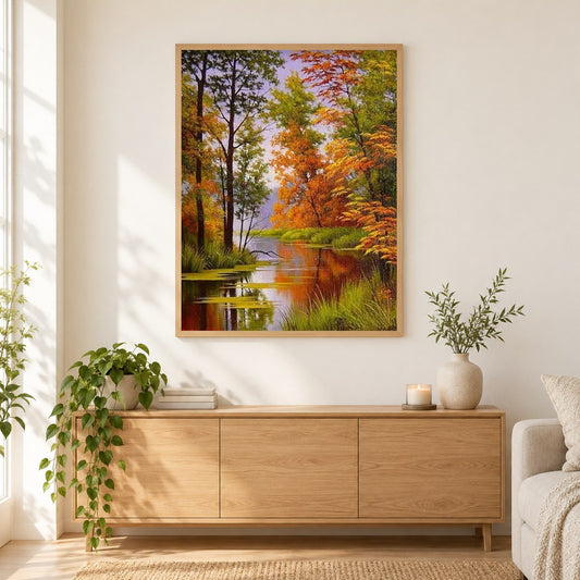 Wald am See als gerahmtes Diamond Painting im Wohnzimmer