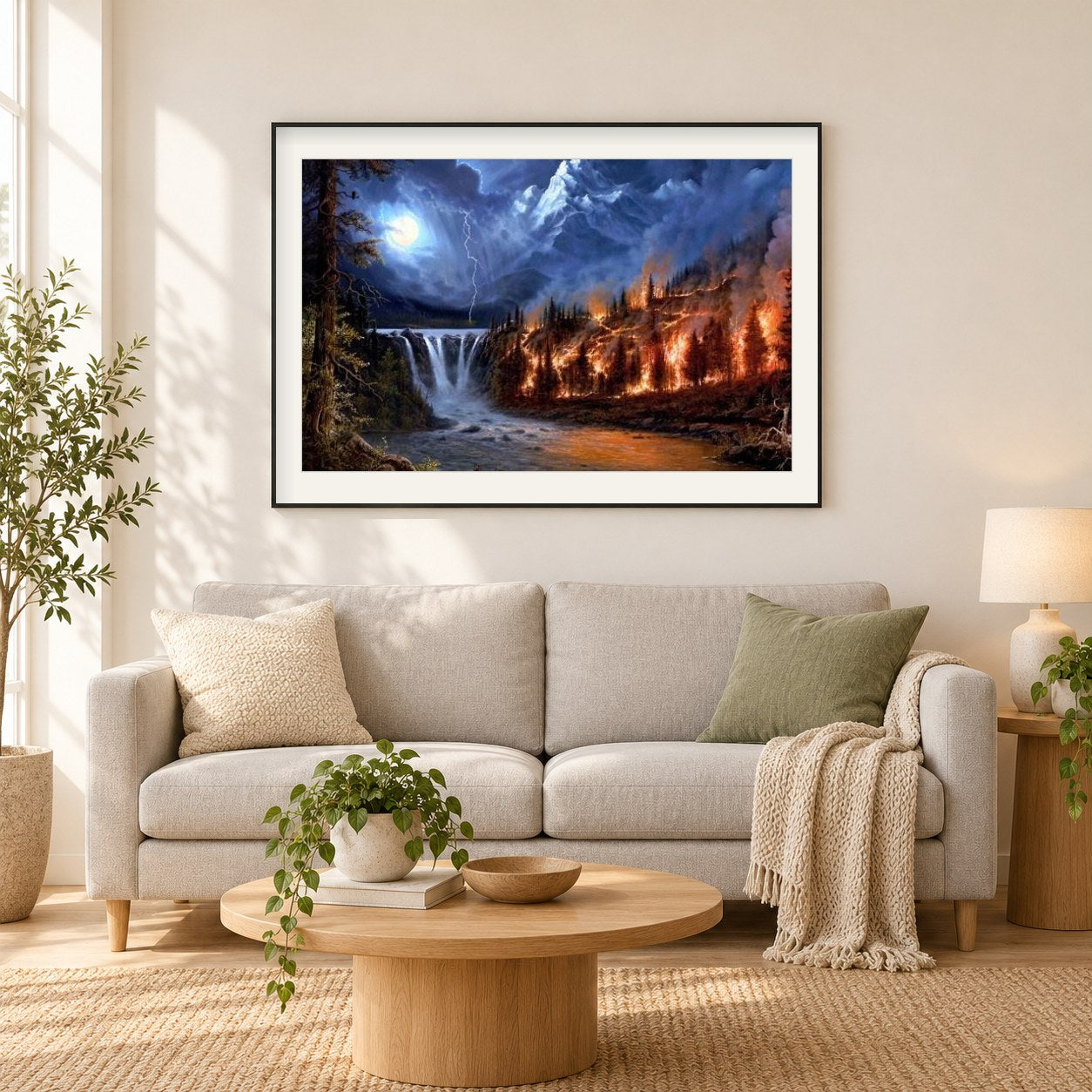 Waldbrand als gerahmtes Diamond Painting im Wohnzimmer