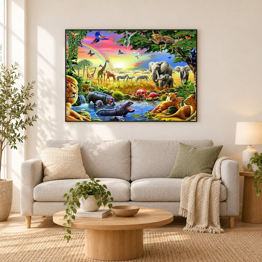 Waldtiere & Vögel malen als gerahmtes Diamond Painting im Wohnzimmer