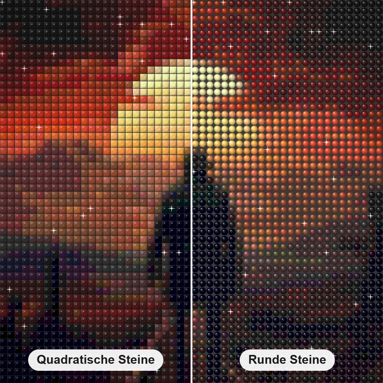 Auf den Schienen gehen Diamond Painting Nahaufnahme mit quadratischen und runden Steinen