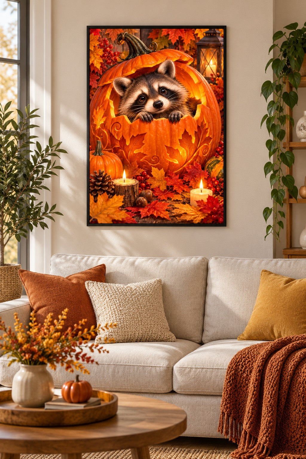 Waschbär im Kürbis Diamond Painting als gerahmtes Diamond Painting im Wohnzimmer