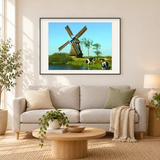 Weidende Kühe & Windmühlenmalerei als gerahmtes Diamond Painting im Wohnzimmer