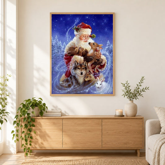 Weihnachtsmann mit tierischen Freunden als gerahmtes Diamond Painting im Wohnzimmer