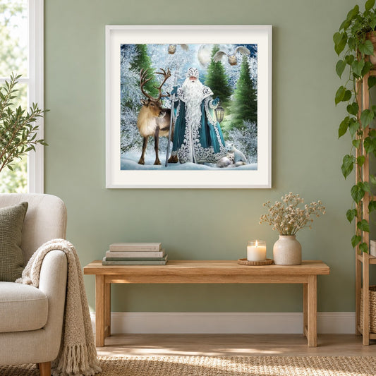 Weihnachtsmann & Tiere als gerahmtes Diamond Painting im Wohnzimmer